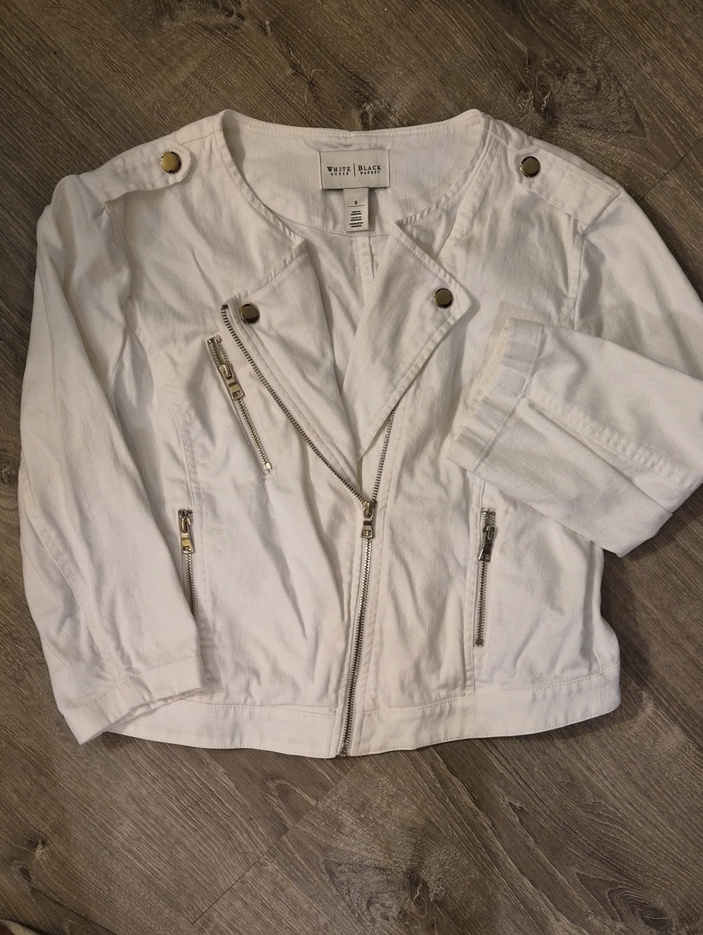 White House Black Market White Asymmetrical Zip Moto Jacket 3/4 sleeves sz 8